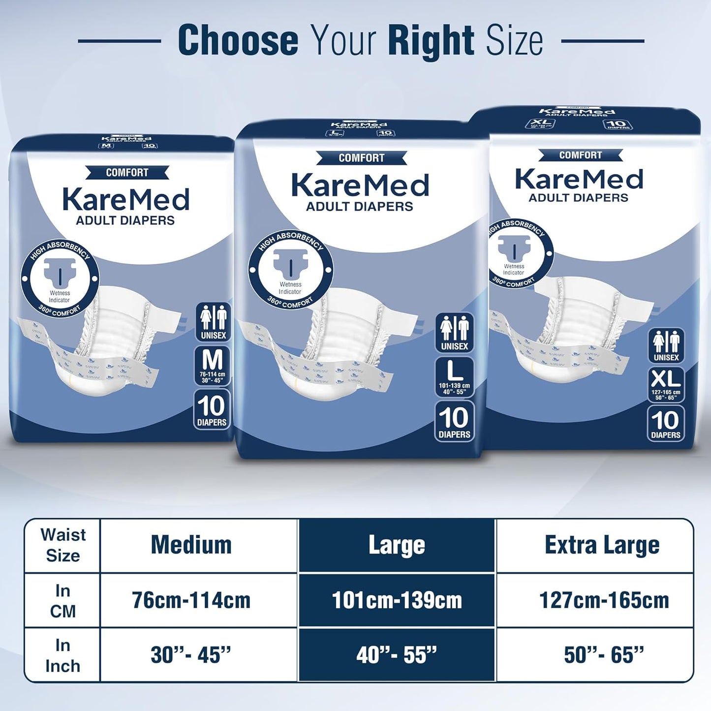 KareMed Comfort Adult Diapers, Large, Waist Size 101-139 Cm (40"-55")