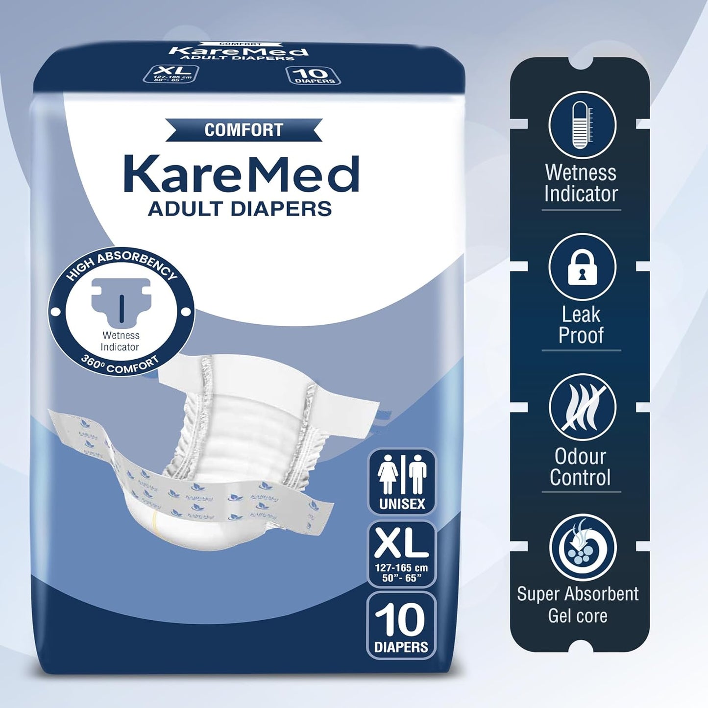 KareMed Comfort Adult Diapers, Extra Large, Waist Size 127-165 Cm (50"-65")