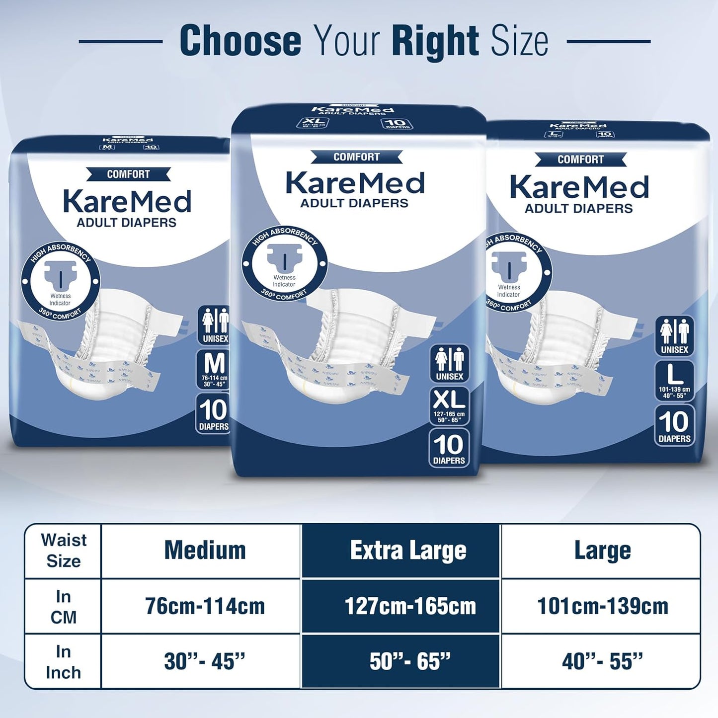 KareMed Comfort Adult Diapers, Extra Large, Waist Size 127-165 Cm (50"-65")