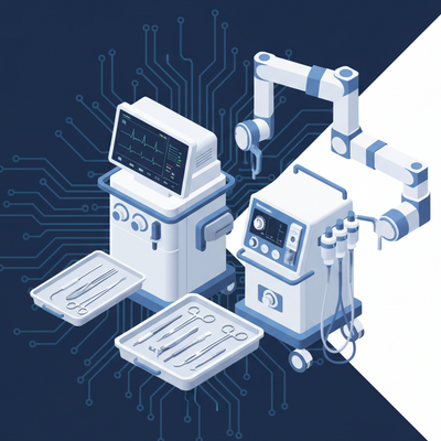 Illustration of modern surgical and medical equipment, featuring monitors, robotic arms, and surgical tools against a digital circuit background.