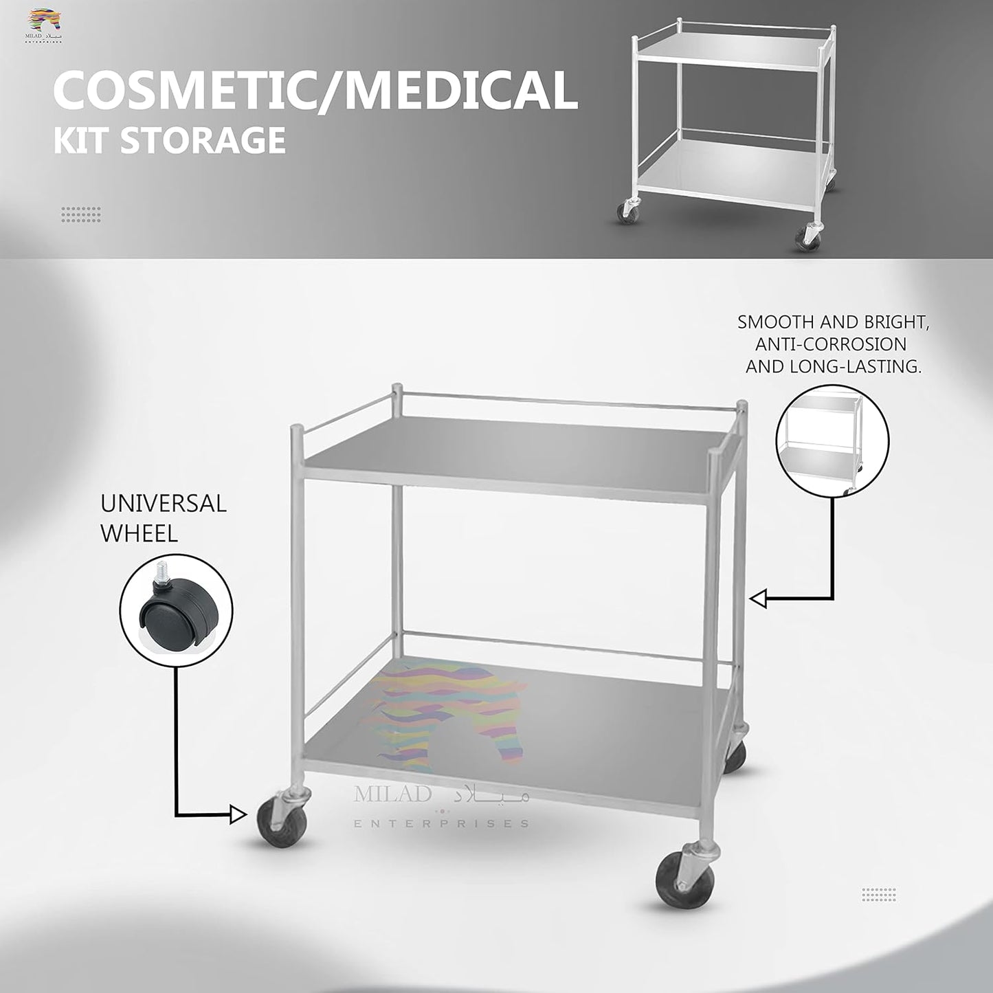 2 Shelf Stainless Steel Medical Instrument Trolley with Wheels
