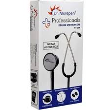 Packaging box of Dr. Morepen ST01  Stethoscope  Deluxe showing the stethoscope and its name branding.