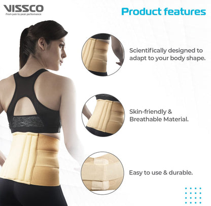 Woman wearing a beige vissco belt  for back support brace with product features highlighted on a white background.