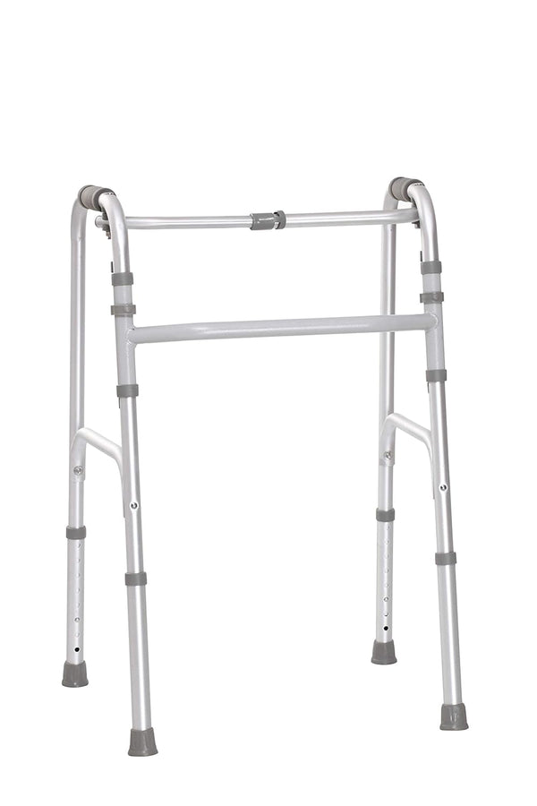 A Tynor brand walker designed for invalids, with adjustable height and anti-slip pads on the base, in silver color.