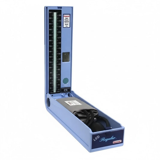 Blue sphygmomanometer on a white background