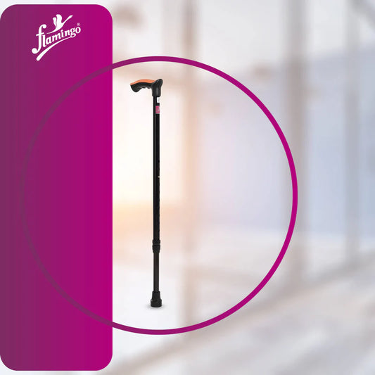 Flamingo brand black adjustable walking stick for adult use in India, shown in a promotional product shot.