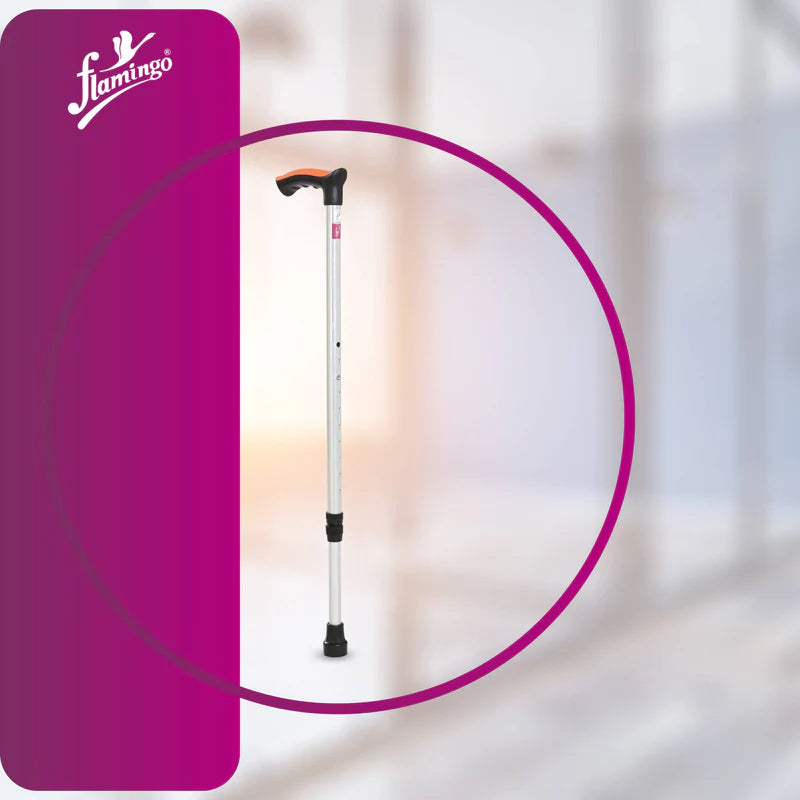 Flamingo brand white adjustable walking stick for adult use in India, shown in a promotional product shot.